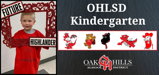 OHLSD Kindergarten banner with student holding frame and school logos